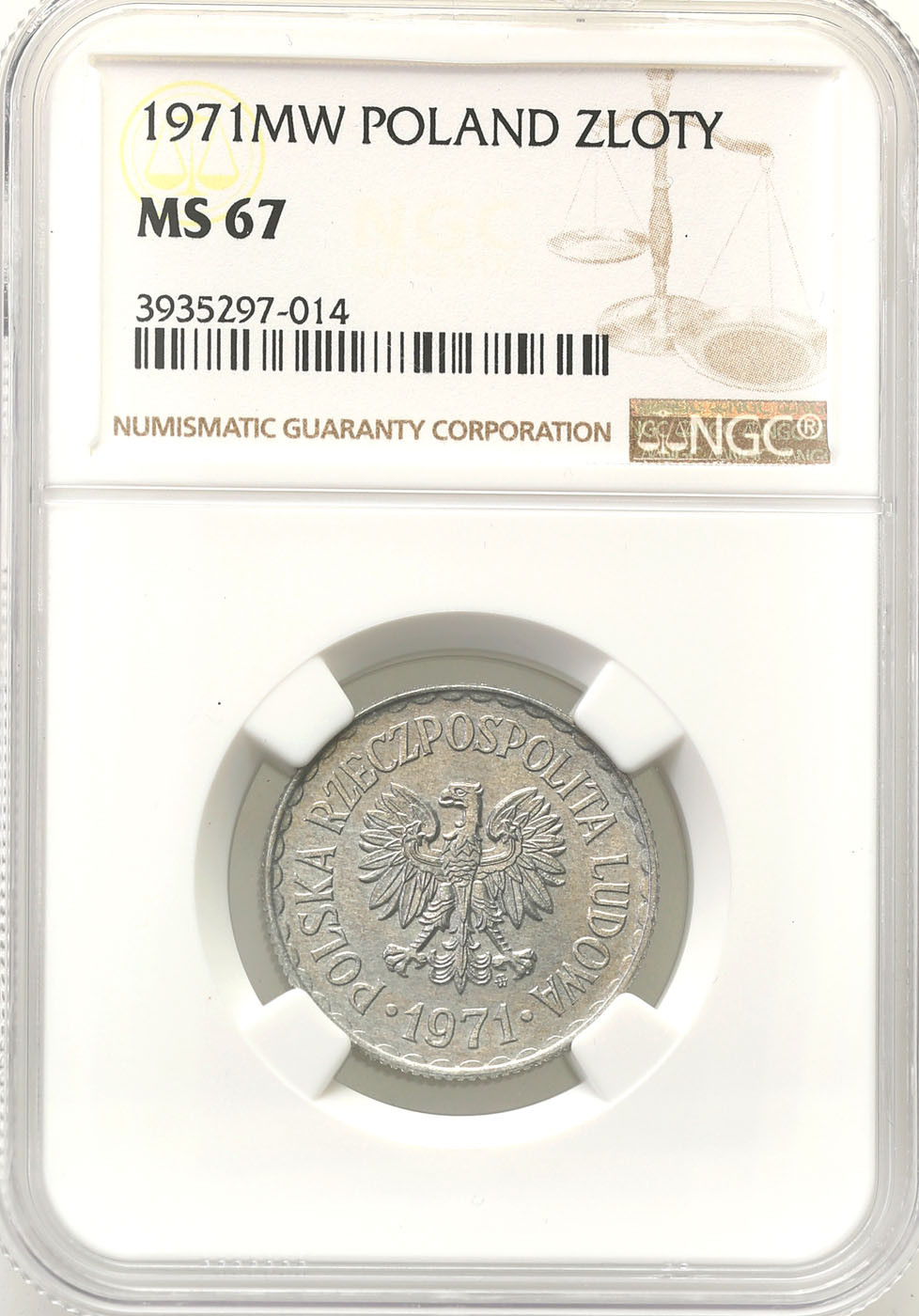 PRL. 1 złoty 1971 aluminium NGC MS67 (MAX)